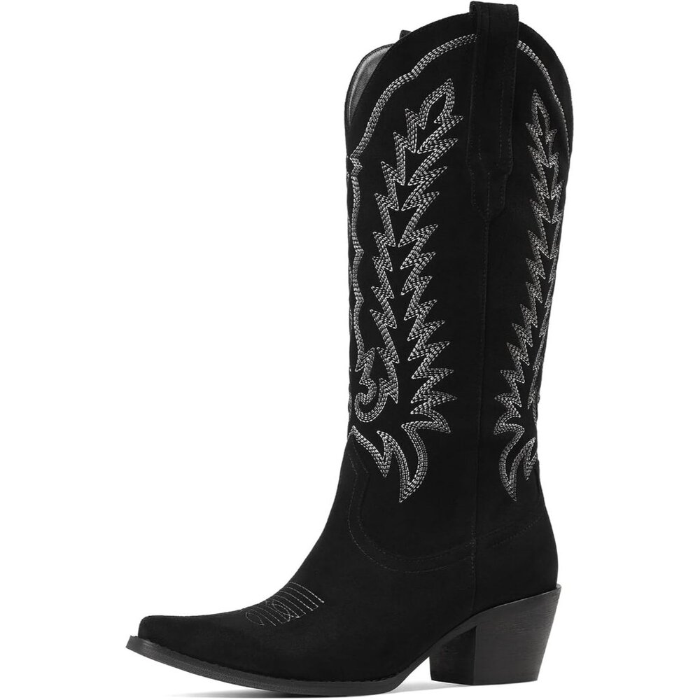 Women's Black Suede Western Knee High Pointed Toe Chunky Heel Cowgirl Tall Boots